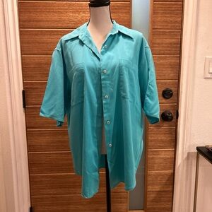 Turquoise Button-Front Vintage Short Sleeve Shirt